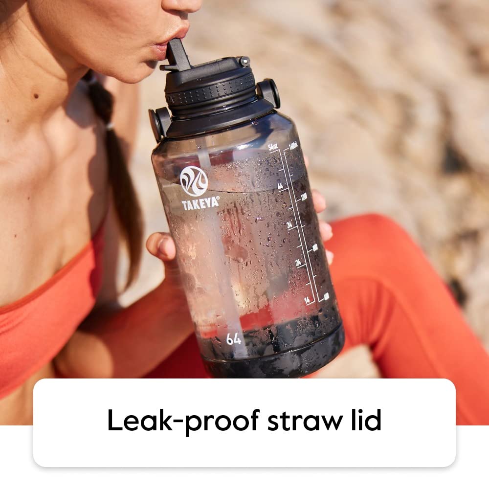 Takeya Tritan Motivational Water Bottle with Straw Lid - Durable, BPA-Free - With Time Marker - Leakproof & Non-Slip Bumper - 64 oz, Vivacity Purple