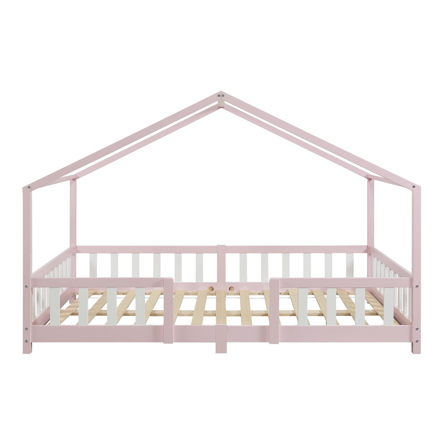 [en.casa] Children's bed Treviolo House bed 140 x 200 cm wooden bed for children with fall-out protection bed frame with slatted frame pine wood pink