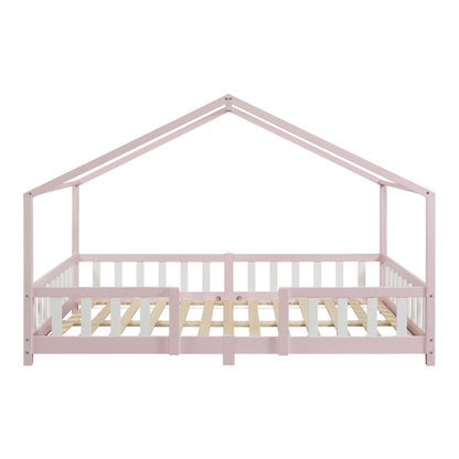 [en.casa] Children's bed Treviolo House bed 140 x 200 cm wooden bed for children with fall-out protection bed frame with slatted frame pine wood pink