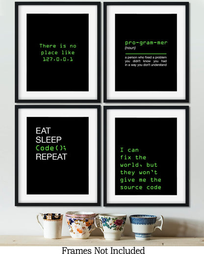 Govivo Office Decor - Computer Science Art - Set of 4 Geek Wall Art - Fun Gift For ICT Teacher, Student, Coding Nerd, Computer Programmer, Dad - 11x14 unframed print