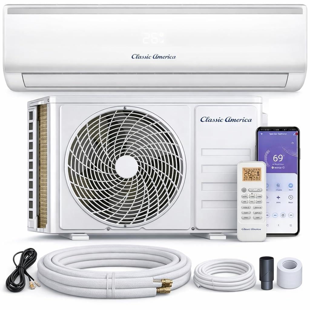 Vtronix Classic America 12000 BTU Smart Mini Split AC/Heat Pump, 17 SEER2 Inverter Ductless Wall Mount, 110/120V, Quiet 29dB, WiFi/Alexa, Pre-Charged, 16ft Line Set Kit, Up to 550 Sq Ft