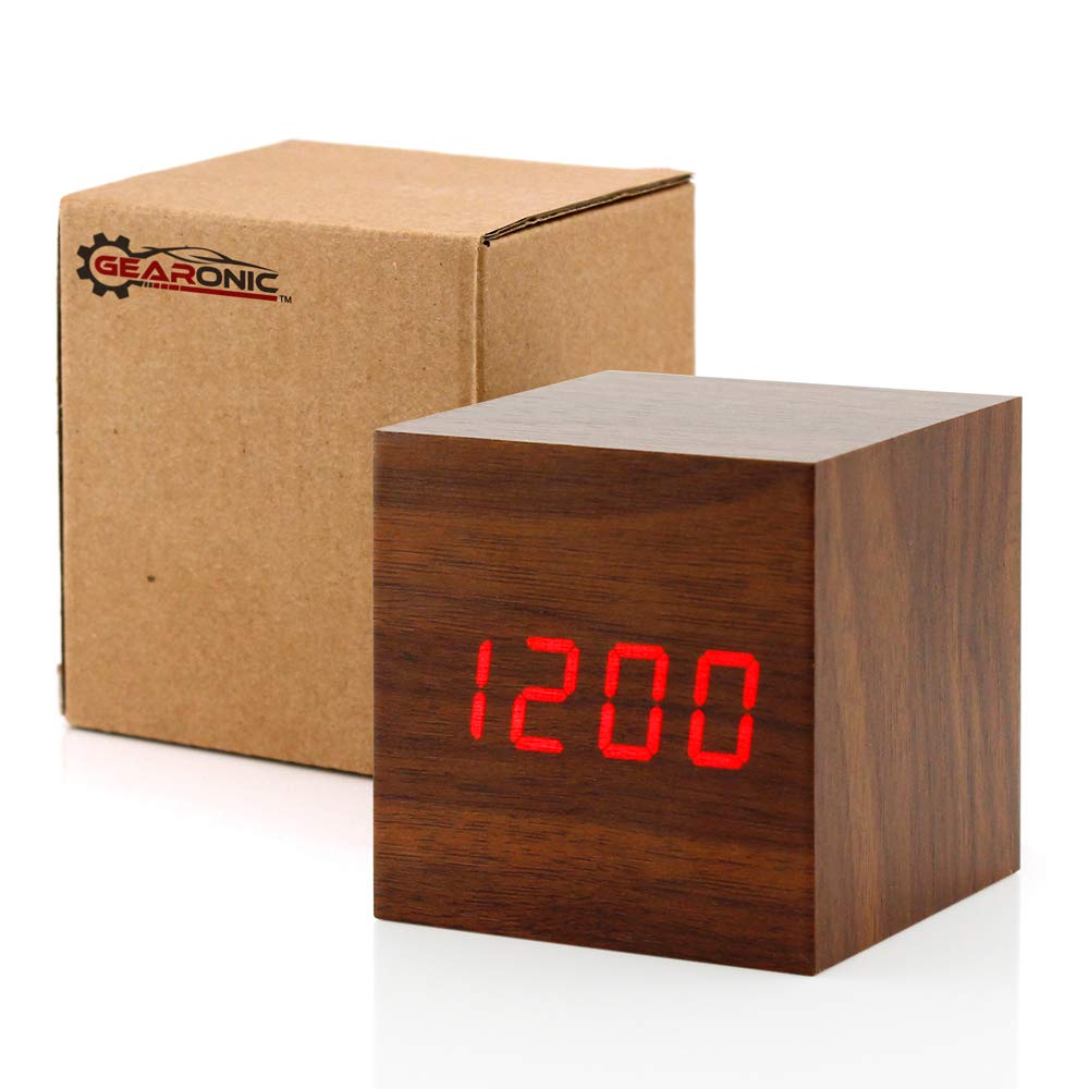 Digital Alarm Clock, Brighter Display Wooden Alarm Clocks, LED Clock For Bedroom, Small Digital clock with USB LED and Charger, Square Shape With Compatible Size Suitable For Bedrooms, Office-Brown