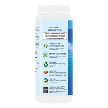 NaturesPlus Magnesium Powder Unflavoured - Gentle Magnesium Citrate Supplement for Night and Day - Energy and Stress Relief - Vegan, Gluten Free - 60 Servings