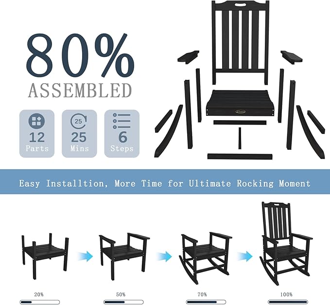 Oversized Rocking Chair Set of 4, Outdoor Rocking Chair for Adults, All Weather Resistant Porch Rocker for Lawn Garden, Black