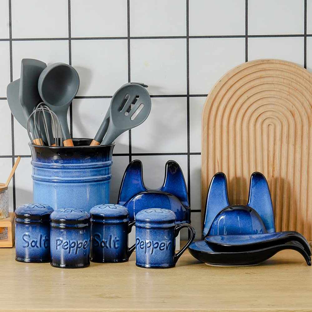 Nihow Ceramic Salt and Pepper Shakers Set & Spoon Rest: Heat Resistant Spoon Rest - Resist Rusting Seasoning Shaker with Handle for Counter - Elegant Black & Blue