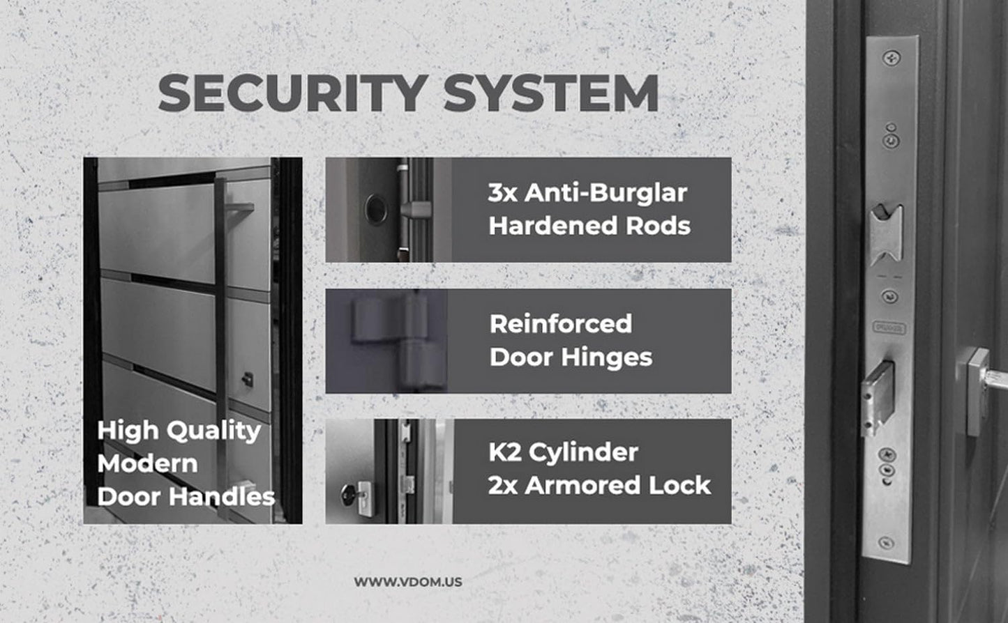 VDOMDOORS Deux 6501 | Black Enamel | Exterior Steel Single Front Door | Left-Hand inswing | Size: 36" x 96" | Prehung
