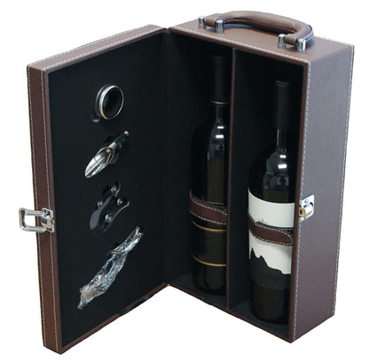 Digilant Lifestyle Top Handle Travel Two-Bottle Wine Carrier Case with 4 Piece Wine Accessory Set (Brown)