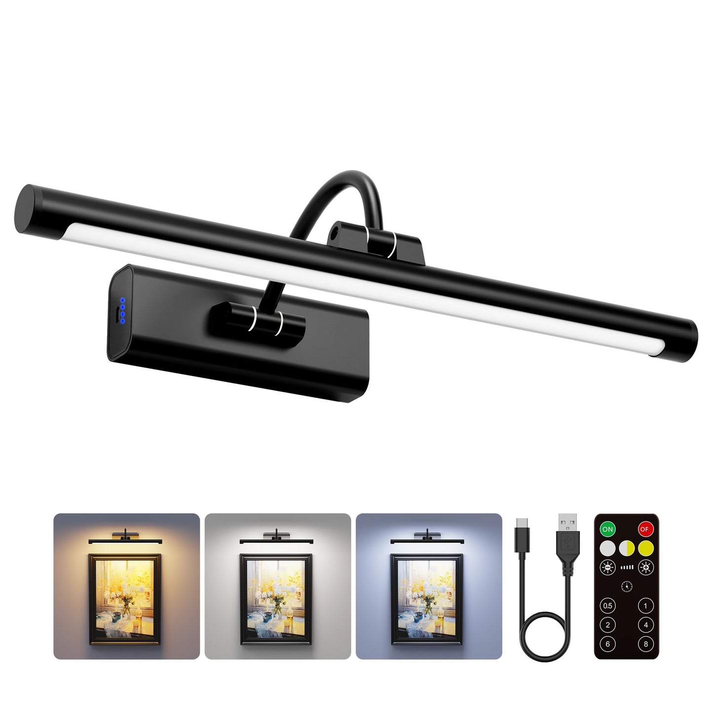 Craftersmark 16" Picture Light with 6000mAh Battery - Black Operated Wireless Wall Sconce with Remote & Timer for Paintings, Photos & Frames