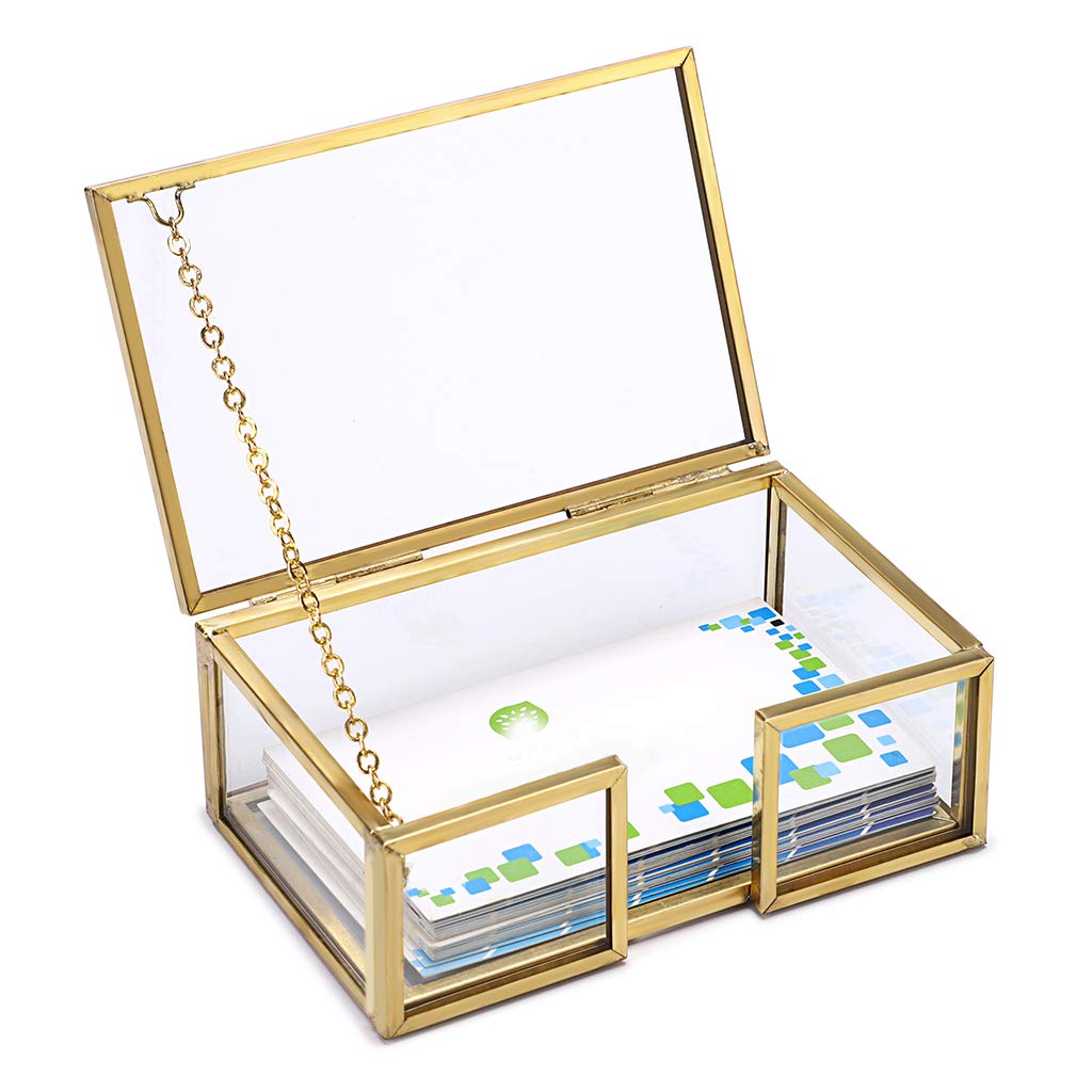 Hipiwe Glass Business Card Holder Box with Lid - Desktop Name Card Display Box Organizer Gold Metal Business card Container Box for Office Countertop