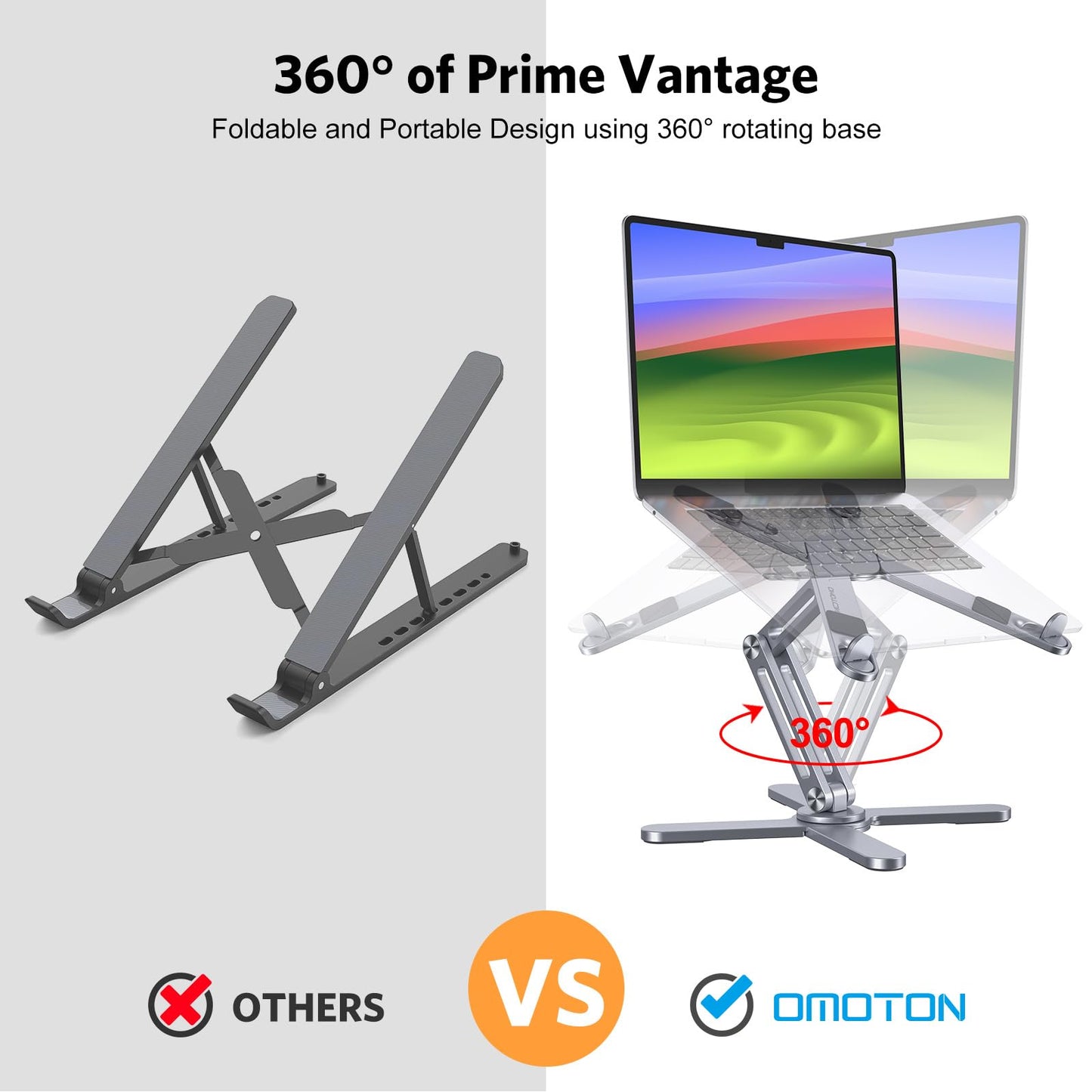 OMOTON 360° Rotating Laptop Stand Riser for Desk, Ergonomic Foldable Computer Stand Adjustable Height Angles for Collaborative Work, Easy Storage Fit Macbooks,All Laptops up to 16 inches, Silver