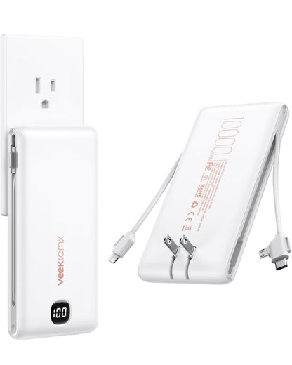 VEEKTOMX Portable Charger with Built in Cables 10000mAh, Power Bank for iPhone with AC Wall Plug, Fast Charging USB C Slim Battery Pack with LED Display Compatible with iPhone 17/16/15/14, Samsung
