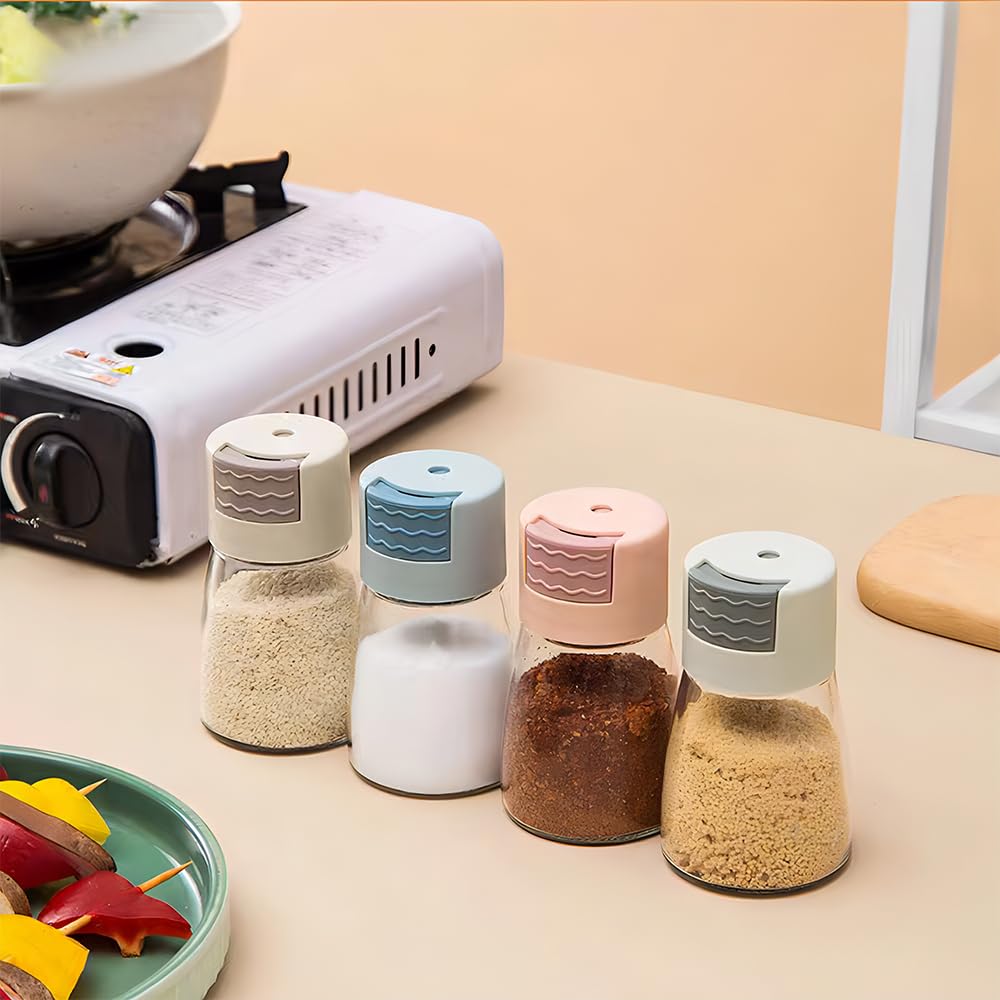 DONGKER Salt Pepper Shakers,4 PCS Precise Quantitative Push Spice Jars Press Type Salt Dispenser for Kitchen Daily Cooking