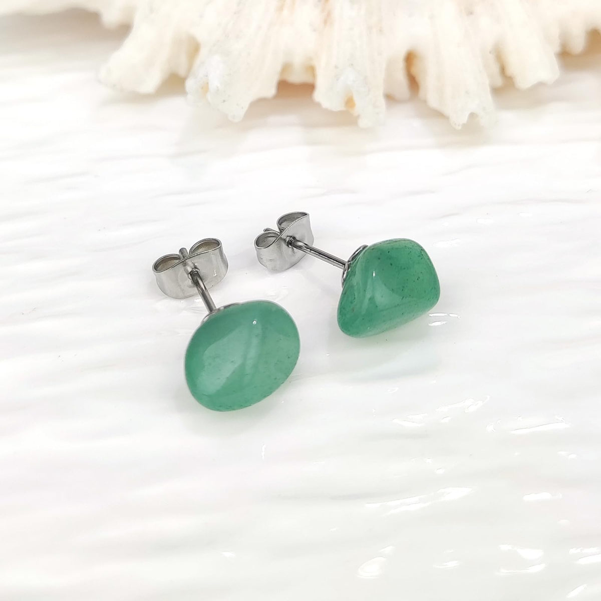 ZILENIU Green Aventurine Stud Earrings, Hypoallergenic Stainless Steel, 8-12mm, Polished, March Birthstone, Women's Everyday Earrings