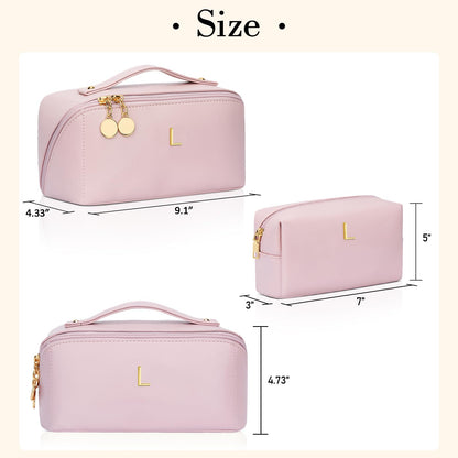 CLOUDWINGS Birthday Gifts for Women Teen Girl, Personalized Initial Makeup Organizer Bag Set, Open Flat Travel Cosmetic Bag With Clear Divider and Handle(Pink,L)