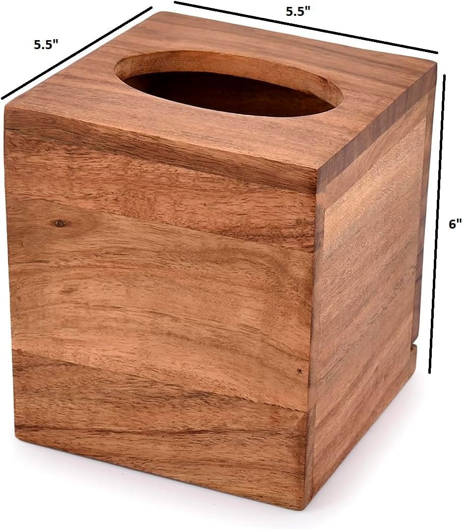 NIRMAN Acacia Wood Square Tissue Box with Slide-Out Bottom for Bathroom, Bedroom, Dinner Table, Office (5.5" x 5.5" x 6")