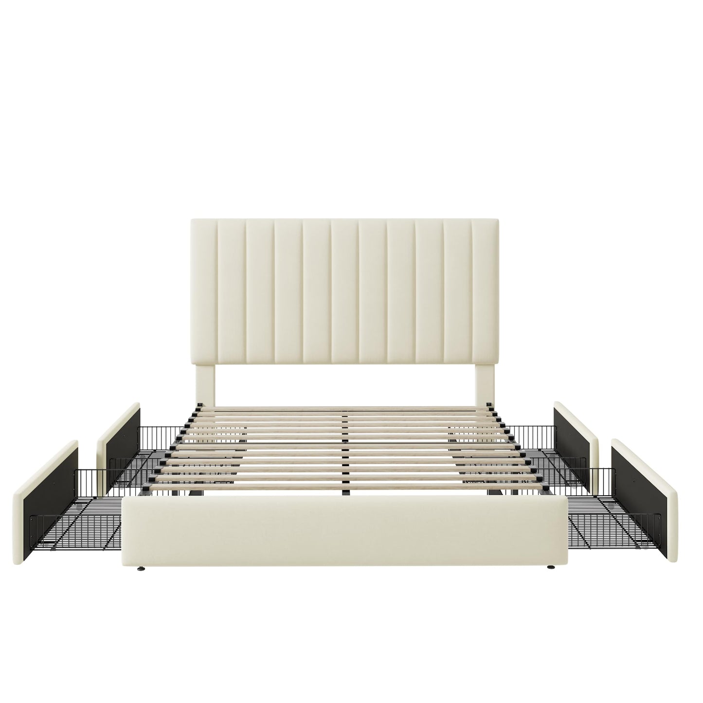 Allewie Queen Size Storage Bed Frame, Vertical Channel Tufted Adjustable Headboard, Velvet Upholstered Platform Bed with 4 Oversized Underbed Drawers, Wooden Slats Support, No Box Spring Needed, Cream