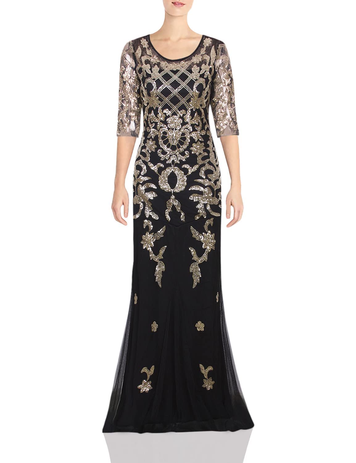 Vijiv Vintage 1920s Long Wedding Prom Dresses 2/3 Sleeve Sequin Party Evening Gown, Black/Gold, L