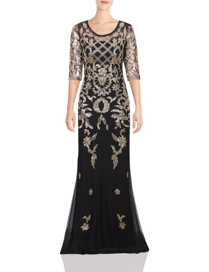 Vijiv Vintage 1920s Long Wedding Prom Dresses 2/3 Sleeve Sequin Party Evening Gown, Black/Gold, L