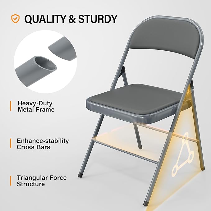 VINGLI 4 Pack Folding Chairs with Padded Seats, Metal Frame with Pu Leather Seat & Back, Capacity 350 lbs, Gray