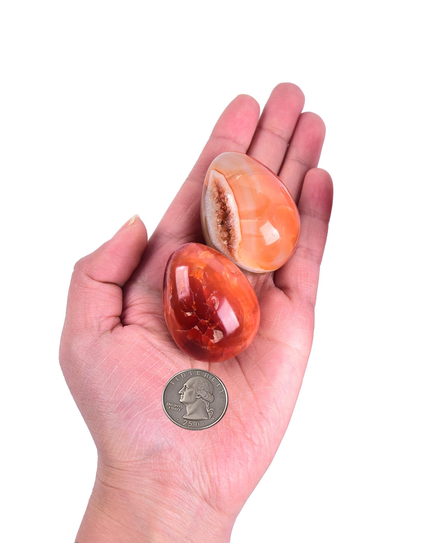 AMOYSTONE Red Agate Eggs Set of 4 (Polished Banded Agate) - Natural Gemstone Specimens with Wooden Base for Display & Collection (1.5-2 Inch, 2.8 oz)
