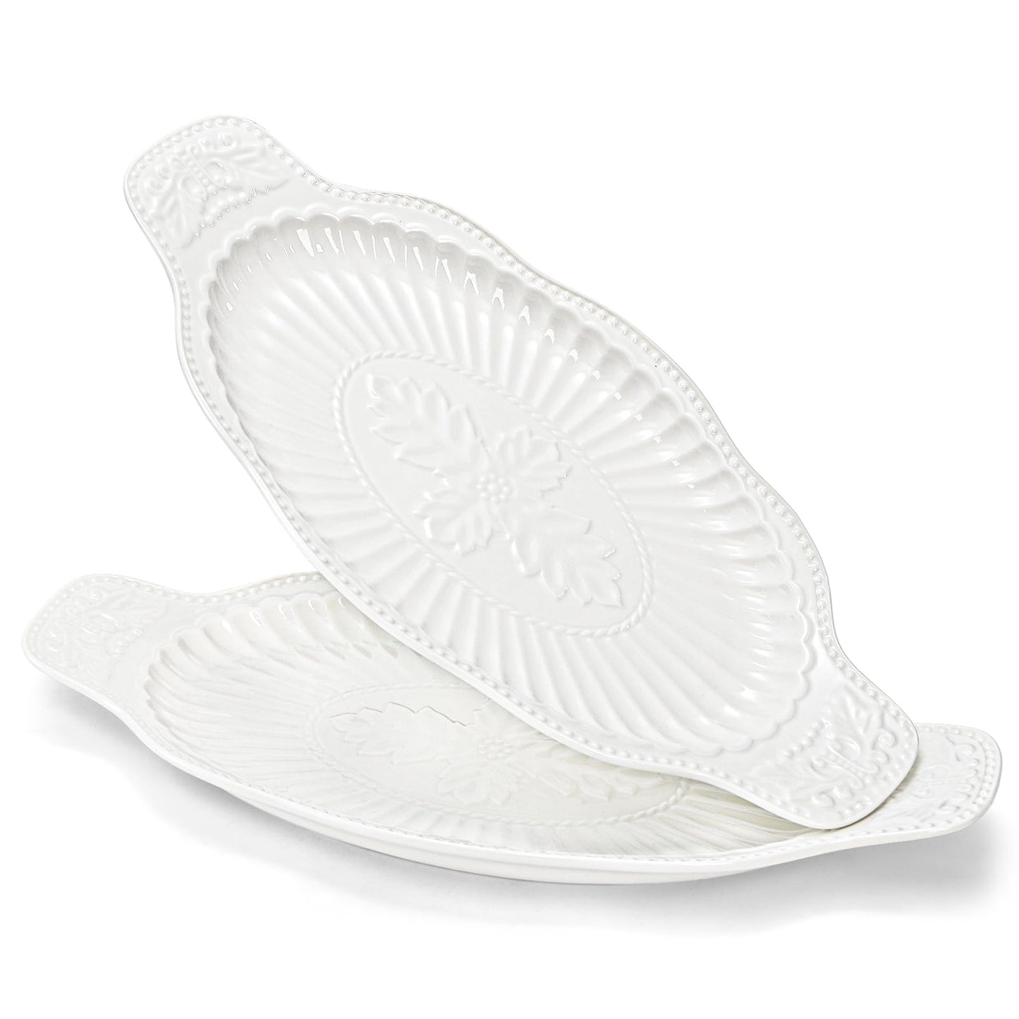 Suwimut 2 Pack Porcelain Oval Serving Platters, 14 Inch Large Embossed White Serving Plates for Entertaining, Oven Safe Stackable Ceramic Dinner Tray for Fish, Meat, Appetizers, Fruits, Dessert