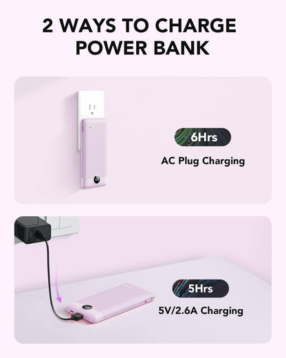 VRURC Portable Charger Built-in Cables and AC Wall Plug, USB C Power Bank 10000mAh, Travel Essentials Phone Charger Compact Lightweight External Battery Pack for Smart Phones, Tablets etc-Pink