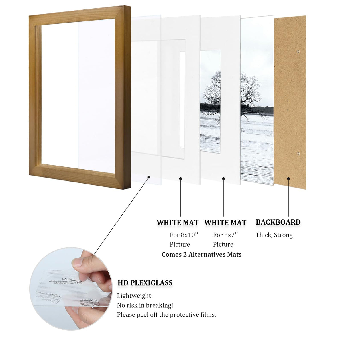Egofine 11x14 Picture Frames 4 Pack Display Pictures 5x7/8x10 with Mat or 11x14 Without Mat Made of Solid Wood Covered by Plexiglass for Table Top Display and Wall Mounting Photo Frame, Light Brown