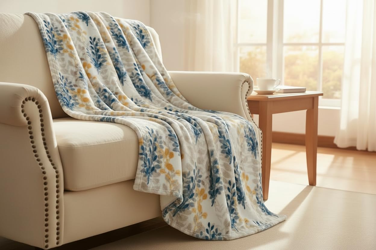 Floral Fleece Throw Blanket: Botanical Velvety Soft, Durable Accent for Bed or Couch Teal and Yellow Leaves, 50 x 70 inches