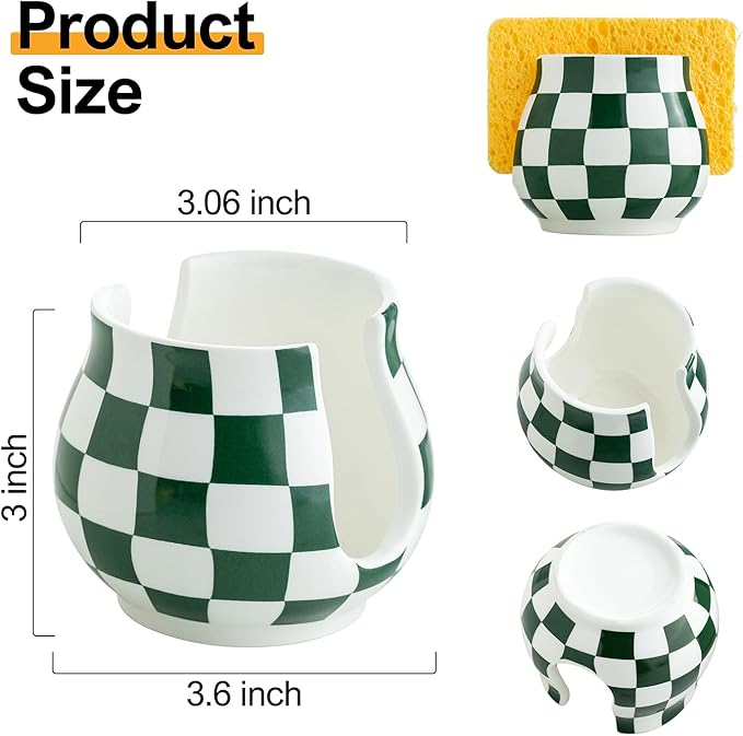Kitchen Sponge Holder, Ceramic Sponge Organizer Checkered Scrubby Holder Sink