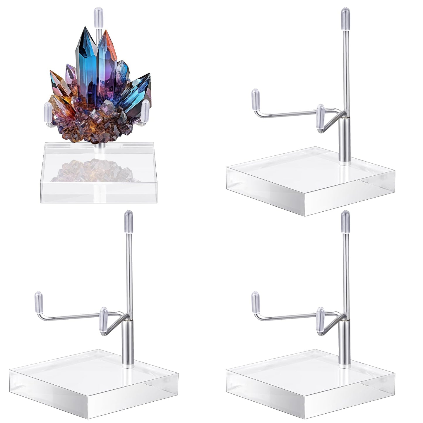 Suzile 4 Pcs Adjustable Metal Arm Display Stand Easel with Acrylic Base Rock Display Easel Holder Acrylic Crystal Clear Plate Stand for Geodes Mineral Agate(Silver,2.4 x 2.4 x 3.5 Inch)