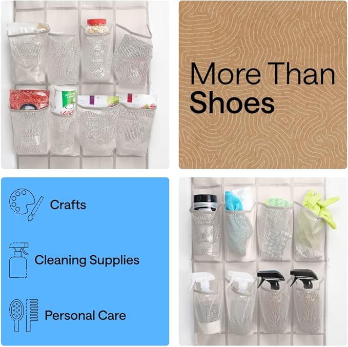 GORILLA GRIP Over the Door Shoe Organizer, 24 Large Breathable Mesh Pockets