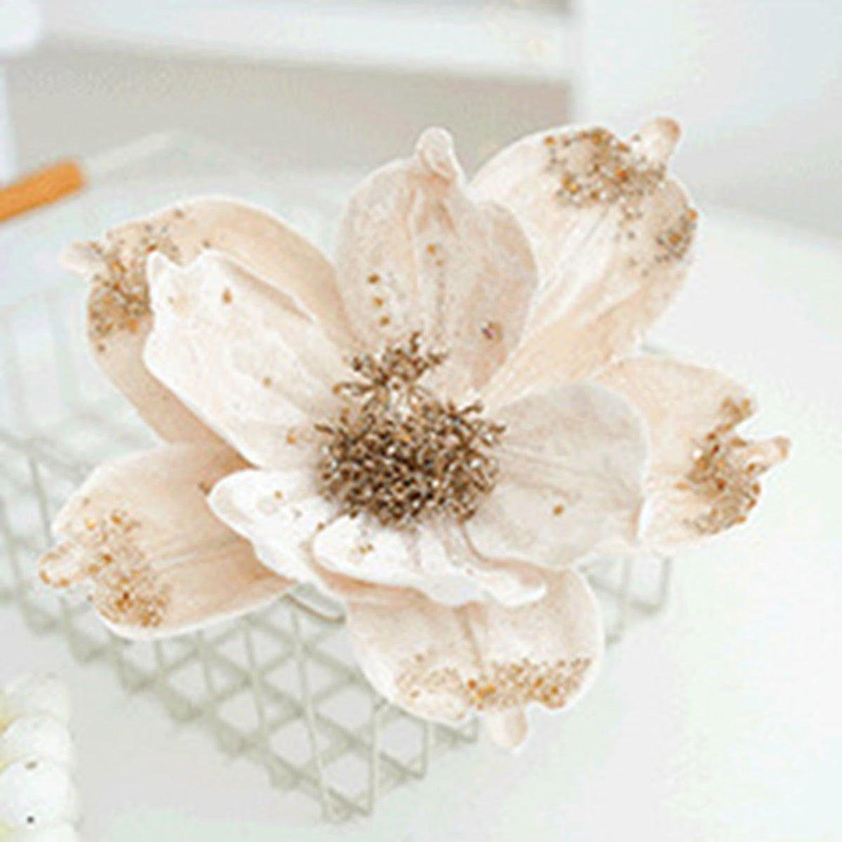 JOYO Christmas Glitter Magnolia Flowers, 10'' Poinsettia for Tree, Easy to Hang Artificial Picks (Cream, 6Pcs)