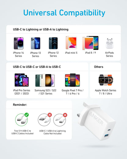 Anker USB C Plug, 2-Pack 20W Dual Port USB Fast Charger Plug, Charger for iPhone 17/16/ 15/15 Pro/15 Pro Max, iPad, AirPods, and More (2-Pack 5 ft Cables Included)