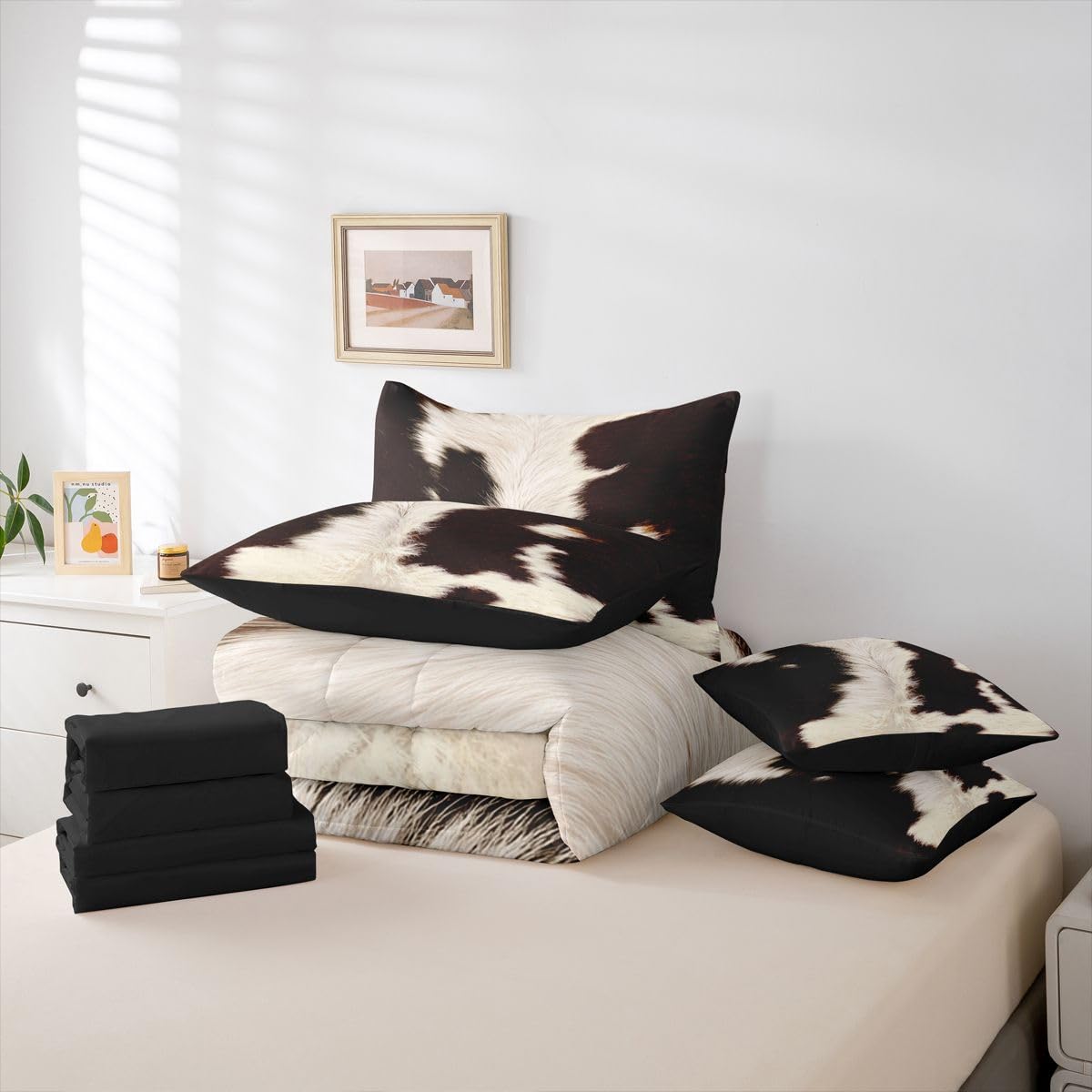 Erosebridal Cow Print Twin Bedding Set 7 Piece for Boys Western Cowhide Bed in A Bag for Kids Teens Youth Adult Animal Skin Comforter Set with Sheetrustic Farmhouse Bed Sets