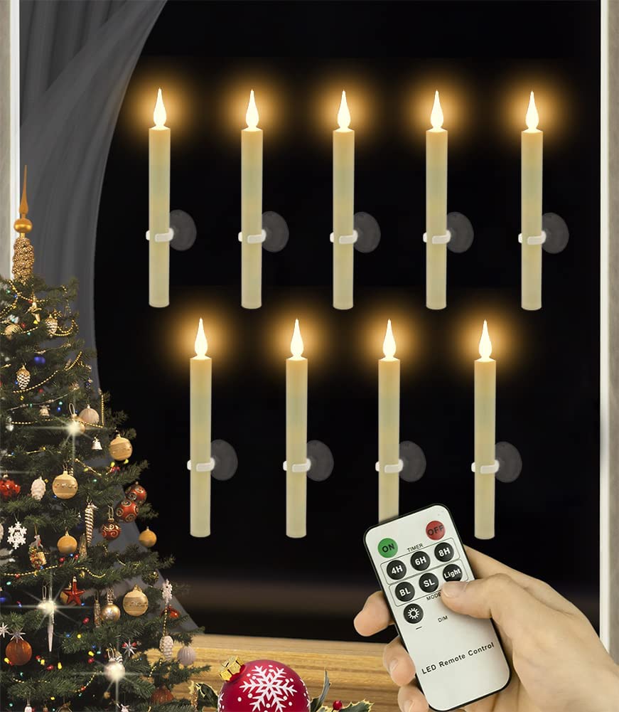 Strg Halloween Flameless Candles with Remote Timer, Christmas Window Taper Candles with Suction Cup and Magnetic Base Battery Operated Candle Sticks for Christmas Halloween Decorations (9 Pack)