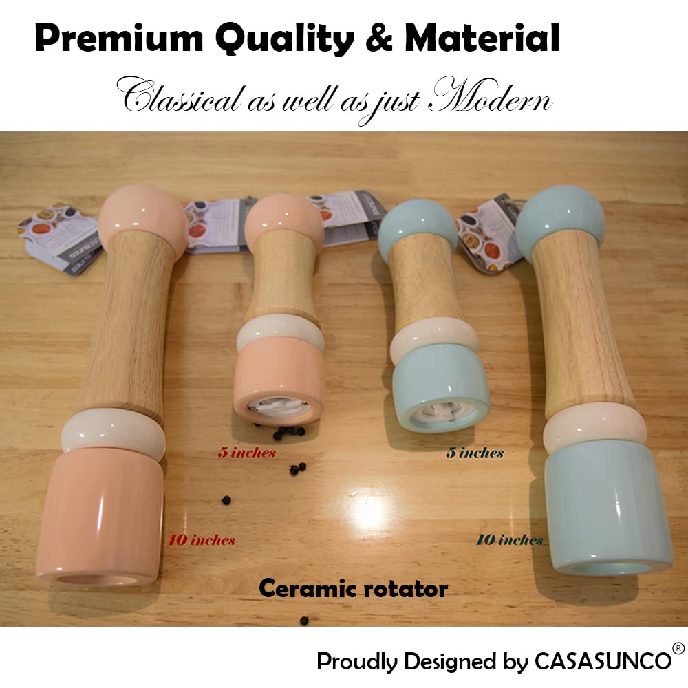 CASASUNCO Manual Salt and Pepper Grinder Set Salt & Pepper Mill Sets Wooden Salt Pepper Grinder Set Salt & Pepper Shakers Gift Set- Customized Coarseness - Ceramic Core - Blue+Peach (Set of 2, 6")