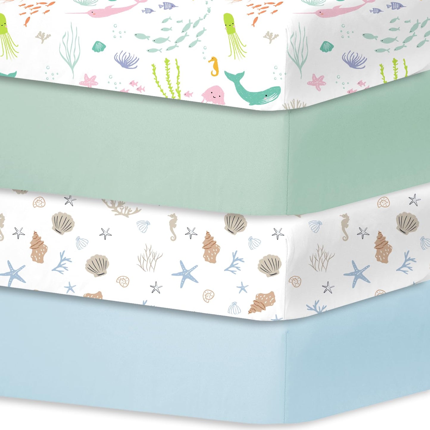 Bimocosy Crib Sheets 4 Pack, Baby Crib Sheets Fitted for Boys and Girls Breathable & Snug Fit, Soft Toddler Bed Sheets for Standard Crib Mattress Nursery Daycare Essentials, Ocean World