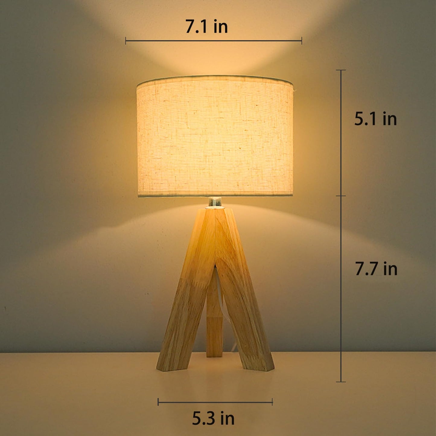 Tripod Table Lamp, Small Cute Bedside Lamp with Linen Beige Lampshade, Nightstand Lamp for Nursery, Bedroom, Kid Room, Living Room, Light Brown Wooden Base, E26 Socket, 12.8Inch, 3000K, 4500K, 6000K