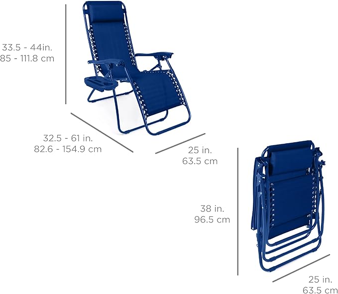 Best Choice Products Set of 2 Adjustable Steel Mesh Zero Gravity Lounge Chair Recliners w/Pillows and Cup Holder Trays - Marine