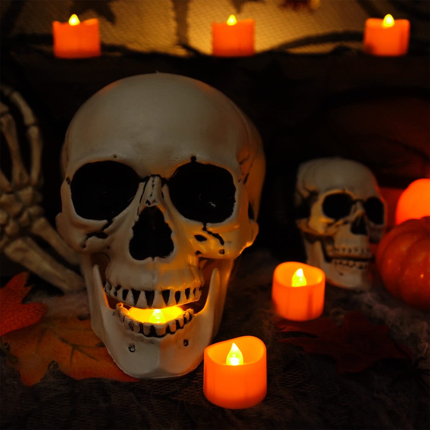 Homemory Halloween 24 Pack Orange Tea Light Candles, Battery Operated LED Tealights, Small Pumpkins Lights, Flameless, Electric Fake Tea Candles