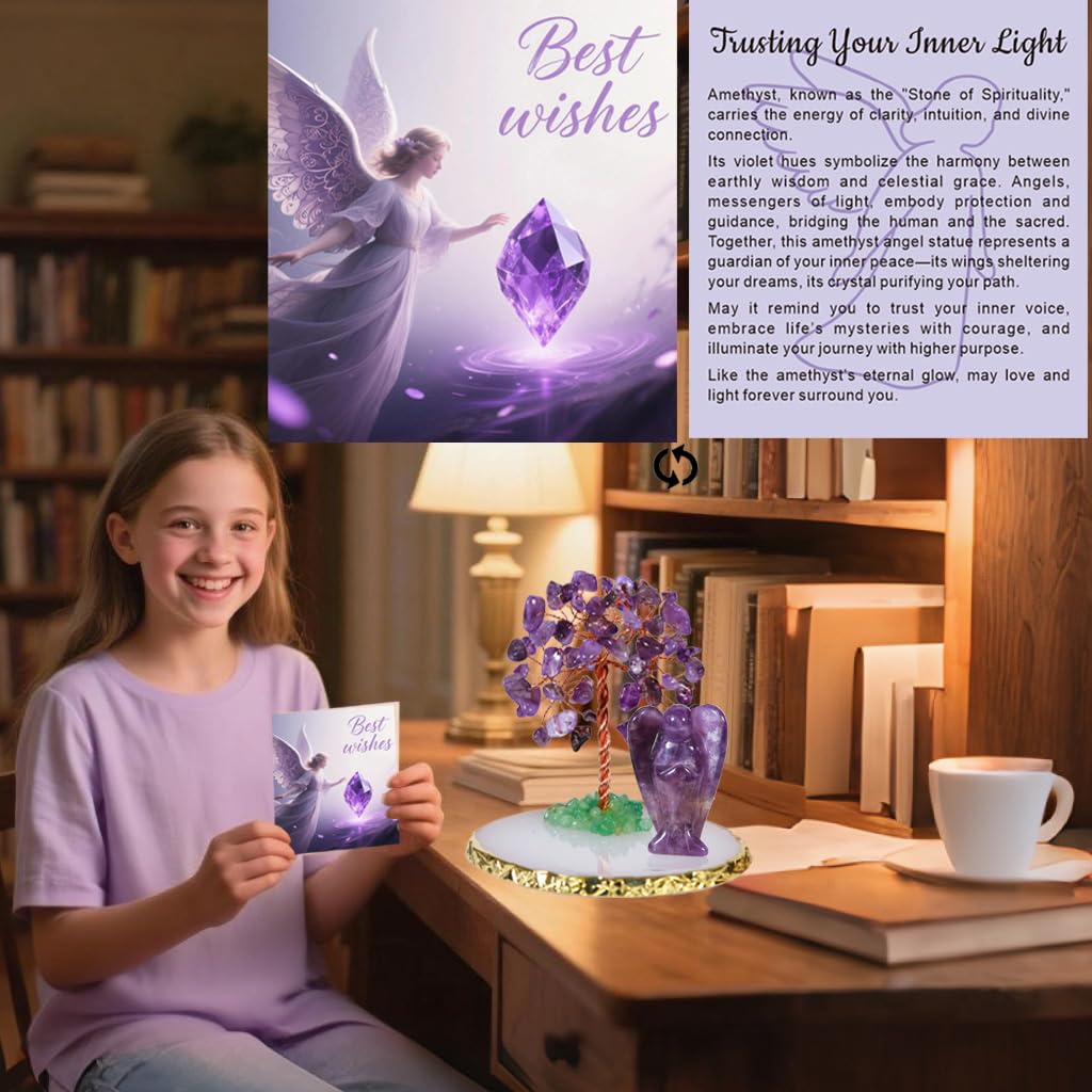 Dreamgirnh Amethyst Tree and Angel Crystals Healing Stones Statue Figurines, Cute Purple Office Desk Spiritual Decor, Teen Girl Birthday Gifts Trendy Stuff, Women Gifts for Christmas