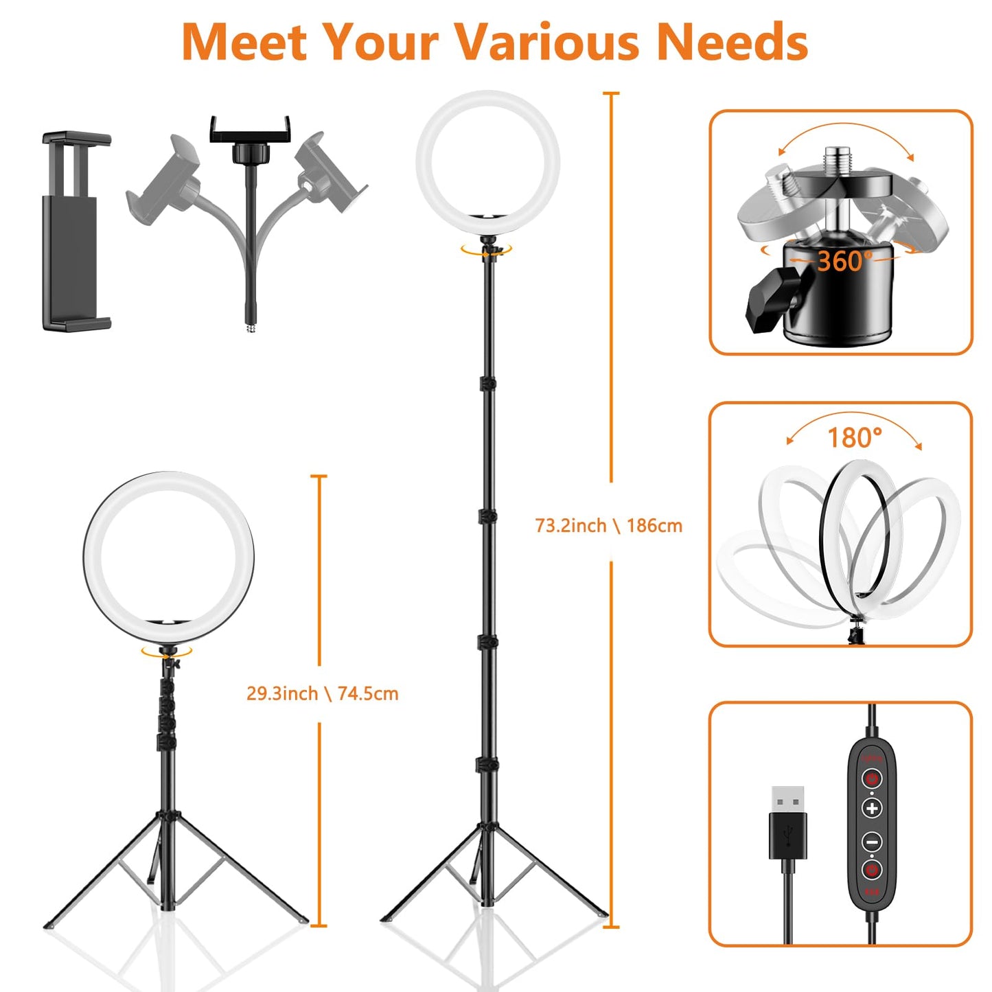 PEYOU 12" Selfie Ring Light with Tripod Stand & Phone Holder Tall 186cm/73", 【Desk Ring Light】 48 RGB Colors, Upgrade 3 in 1 Dimmable Adjustable Speed Ringlight for Tiktok, Makeup, Selfie Photography