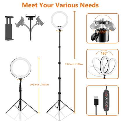 PEYOU 12" Selfie Ring Light with Tripod Stand & Phone Holder Tall 186cm/73", 【Desk Ring Light】 48 RGB Colors, Upgrade 3 in 1 Dimmable Adjustable Speed Ringlight for Tiktok, Makeup, Selfie Photography