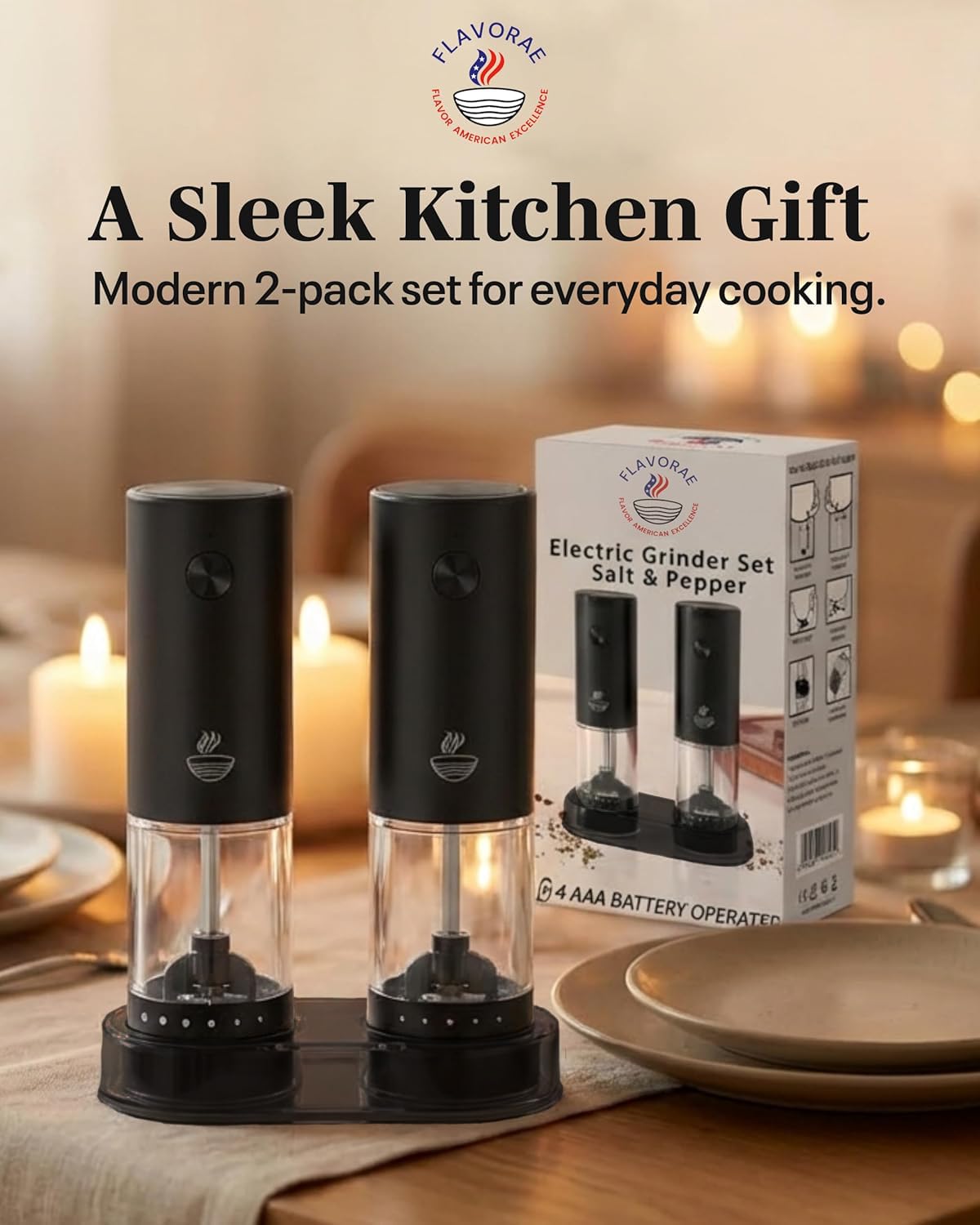 FLAVORAE Electric Salt and Pepper Grinder Set - Black 2 Pack Battery Operated Mills with 95ml Large Capacity, Adjustable Coarseness, Built-in LED Light, Automatic Salt & Pepper Shakers for Kitchen