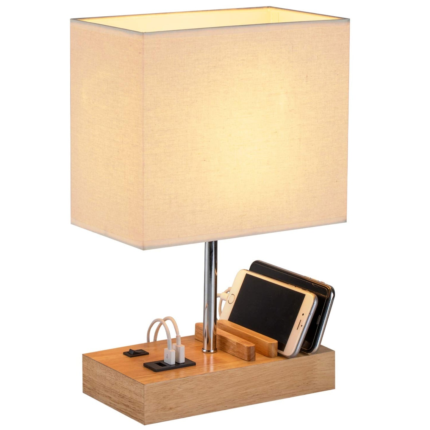 USB Bedside Table Lamp, HHome Plus Desk Lamp with 3 USB Charging Ports and Phone Charge Dock, Wood Charging Station and Organizer, Perfect Light for Bedroom, Guest Room, Living Room, Office