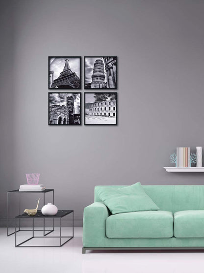Wieco Art Architectures Modern 4 Panels Giclee Canvas Prints Europe Buildings Black and White Landscape Pictures Paintings on Canvas Wall Art Ready to Hang for Bedroom Home Office Decorations
