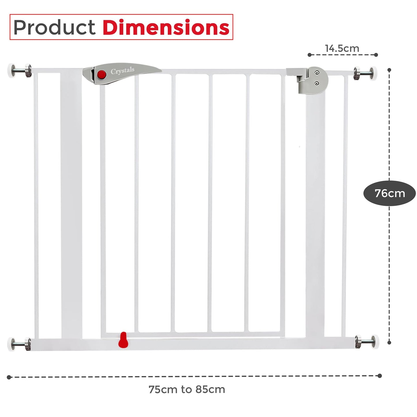 Crystals Stair Gate No Drilling Screws, Baby of Width 75 cm to 85 cm, 10 Extension Gates for Baby, Dogs, Safety Kids, Auto Close with 90° Two Way Opening, White, Grey