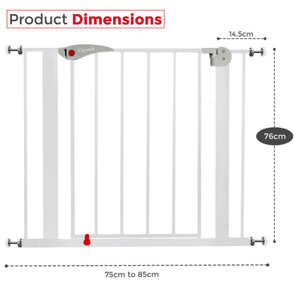 Crystals Stair Gate No Drilling Screws, Baby of Width 75 cm to 85 cm, 10 Extension Gates for Baby, Dogs, Safety Kids, Auto Close with 90° Two Way Opening, White, Grey