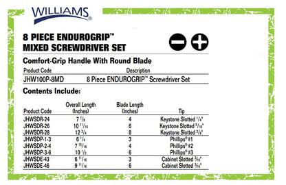 Williams Jhw100P-8Md 8-Piece Endurogrip Mixed Screwdriver Set