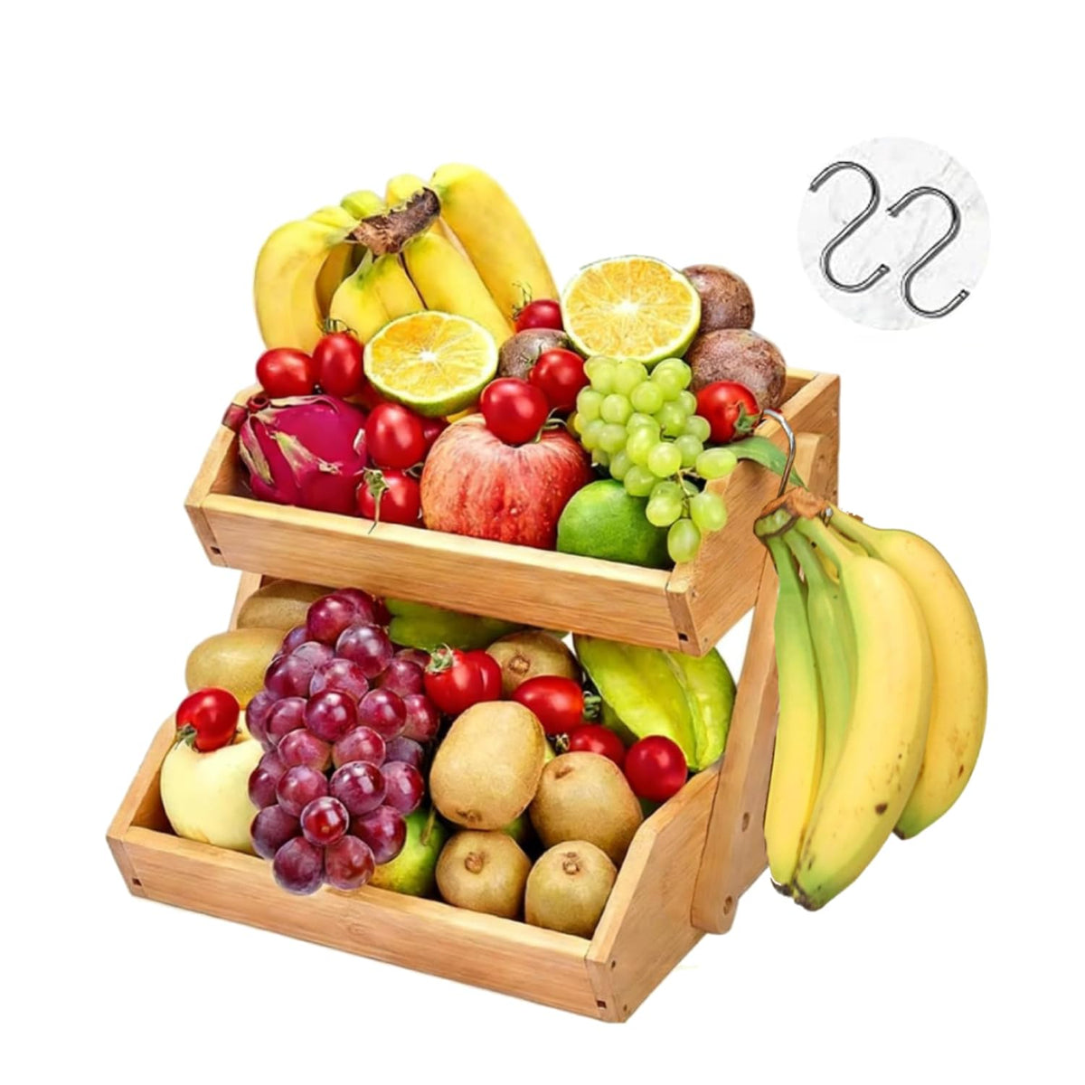 SYEIIYU 2 Tier Fruit Basket For Kitchen, Bamboo Vegetable Storage Bowl Stand with Banana Hanger Hooks, Produce Storage Wooden Basket, Snack Organizer for Countertop, Kitchen Counter Storage